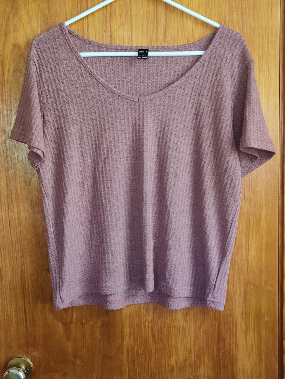 SHEIN Mauve Pink Waffle V-Neck Short Sleeve Top